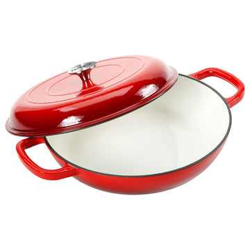 3.8 Quart Enameled Cast Iron Braiser Pan with Lid, Shallow Dutch Oven, Red