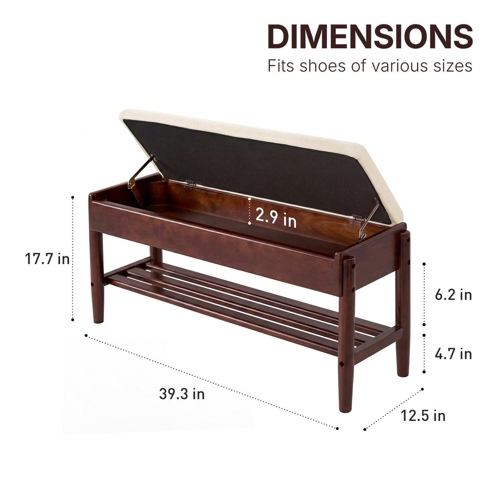 39.3" Solid Wood Shoe Rack Bench with Flip-Top Storage, 2 Tier Shoe Rack Bench with Chenille Cushion, Closet