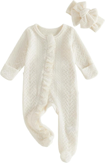 Infant Baby Girl Fall Outfit Romper Footies Solid Color Frills Ruffle Trim Jumpsuit Bodysuit Newborn Winter Clothes