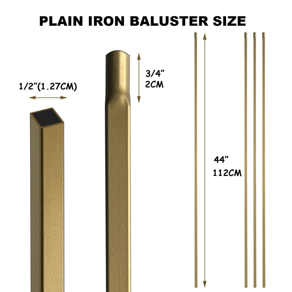44" Brass Gold Wrought Iron Plain Balusters for Staircase Interior, 1/2" Square Hollow Iron Spindles, Decorative