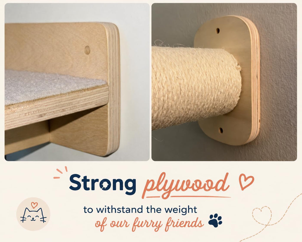 Cat Wall Shelves 6-in-1 Wall Mounted Cat Furniture with Perch & Hammock, Wooden Climbing Shelves with Scratching Post