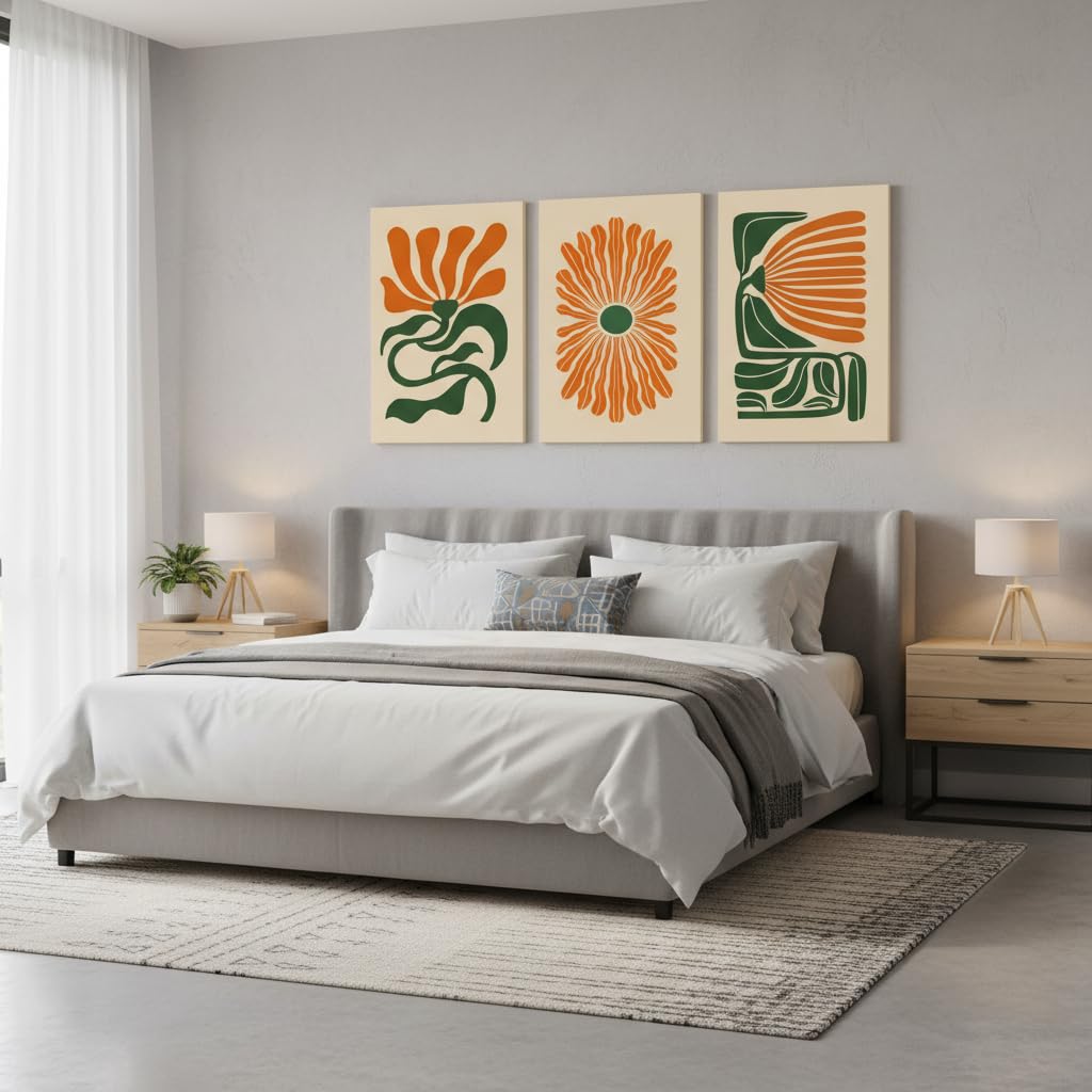 3 Pcs Mid Century Floral Canvas Wall Art, Boho Flower Wall Decor