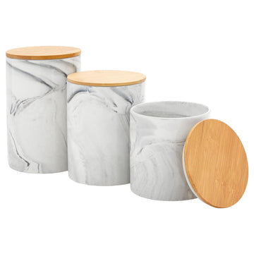 Ceramic Jar Set - Airtight Wood Lids Countertop Jars - White Marble Ceramic Food Storage Containers with Lids