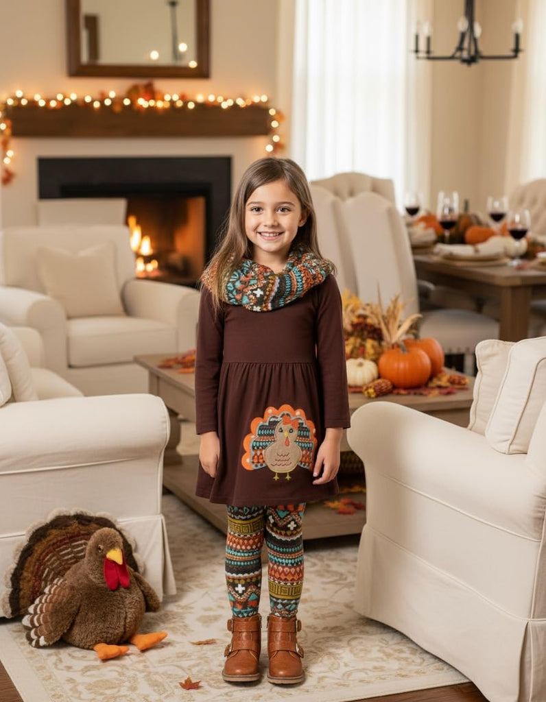 Toddler Girls 3 Piece Colorful Aztecan Thanksgiving Turkey Legging Set ( /M, Brown)