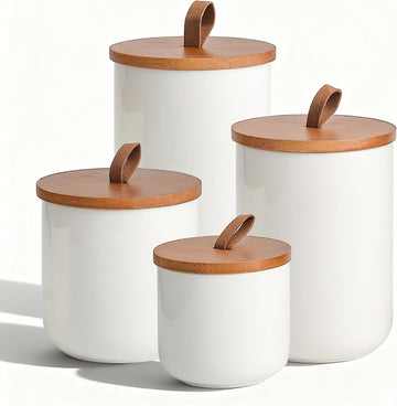 White Ceramic Canister Set with Bamboo Lids, 4-Piece Airtight Food Storage Jars - Flour, Sugar, Coffee, Tea, Spice - Set of 4