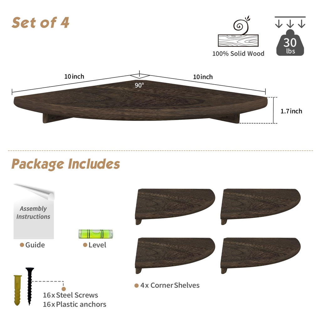 Floating Corner Shelves for Wall Set of 4, Small Corner Bookshelf Books, Round Wooden Corner Shelf Wall Mount Plants