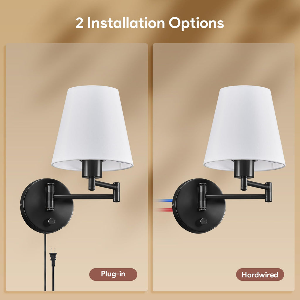 Wall Sconce Set of 2, Plug in & Swing Arm Wall Lamps, Black Finish