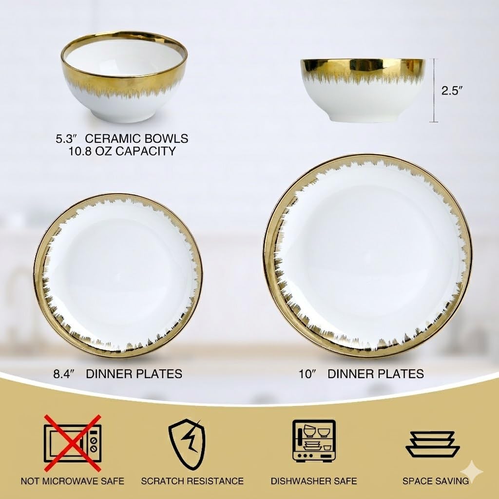 Luxury 12 Piece Porcelain Dinnerware Sets Service for 4, Modern Stoneware Plates and Bowls Sets,Ceramic Dish Set