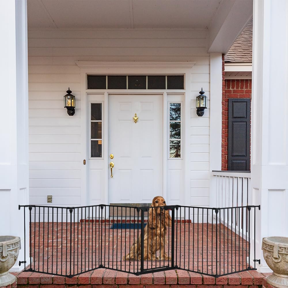 Freestanding Dog Gates with Door Walk Through, Extra Wide Doggy Door 150" W x 29" H Pet Gate Safty 6 Panels Dog Fence