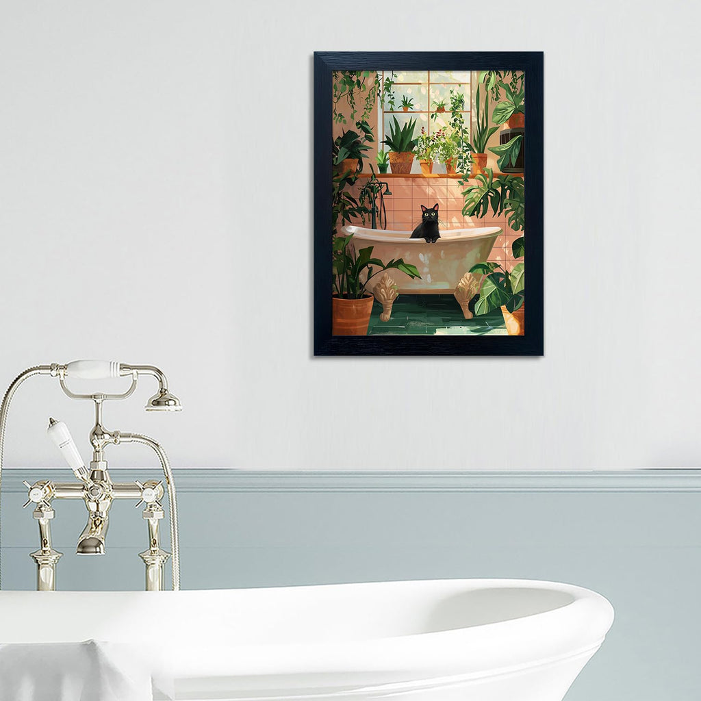 Framed Funny Bathroom Wall Decor Green Plant Picture Painting Modern Bathroom Wall Art Bath Black Cat Canvas Print