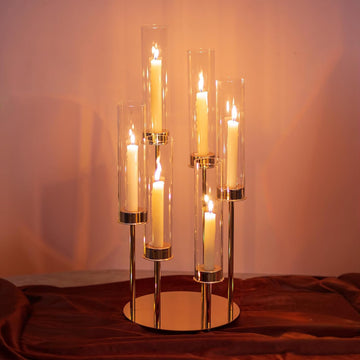 Hurricane Glass Candle Holders: 6 Arms Gold Metal Candlestick Candelabra with Removable Clear Cylinder Sleeve 24 inch