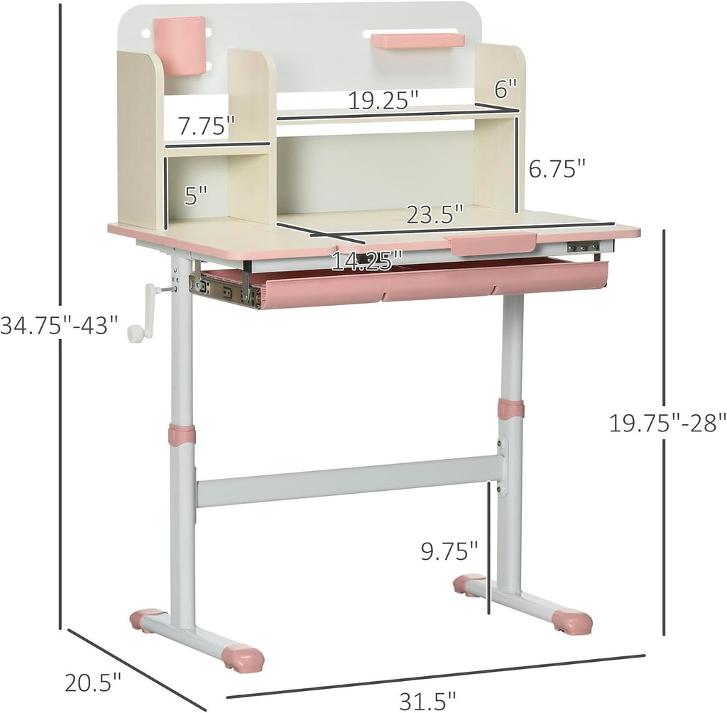 Wooden Kids Study Desk Height Adjustable Tilt Desktop Drawer Pink