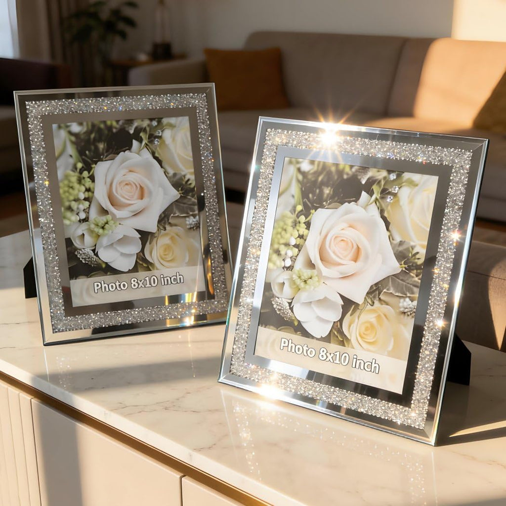 Crushed Diamond Wedding Mirror Photo Frame, Crystal Silver Glass Picture Frame For Photograph Size 8x10 inch, Pack of