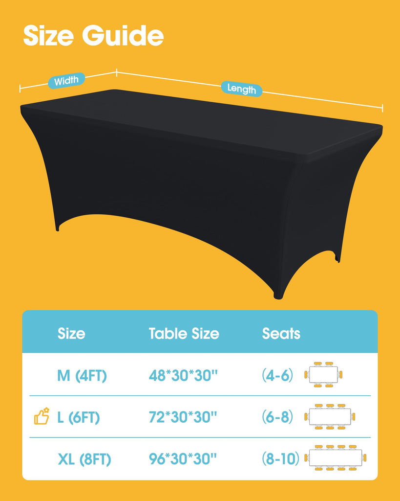 4-Pack Black Spandex Tablecloths - 72"x30"x30" Stretch Fitted Table Covers for 6ft Rectangle Folding Tables