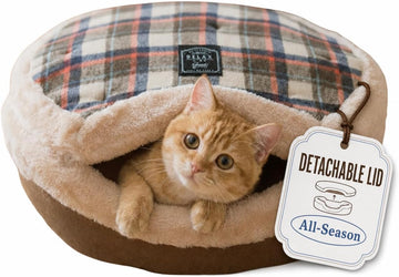 Cat Bed Cave - Enclosed Hideaway with Detachable Lid for Kitten (Brown)