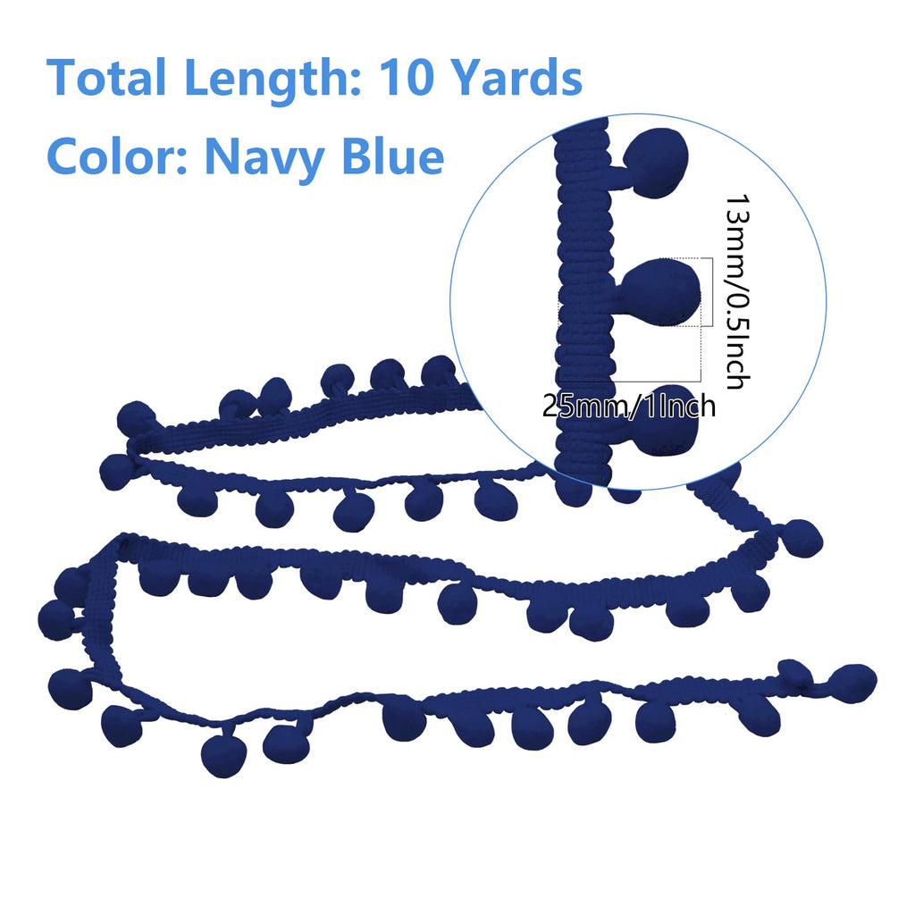 Pom Pom Trim, 1" Wide Navy Blue Ribbon, 13mm Balls - 10 Yards