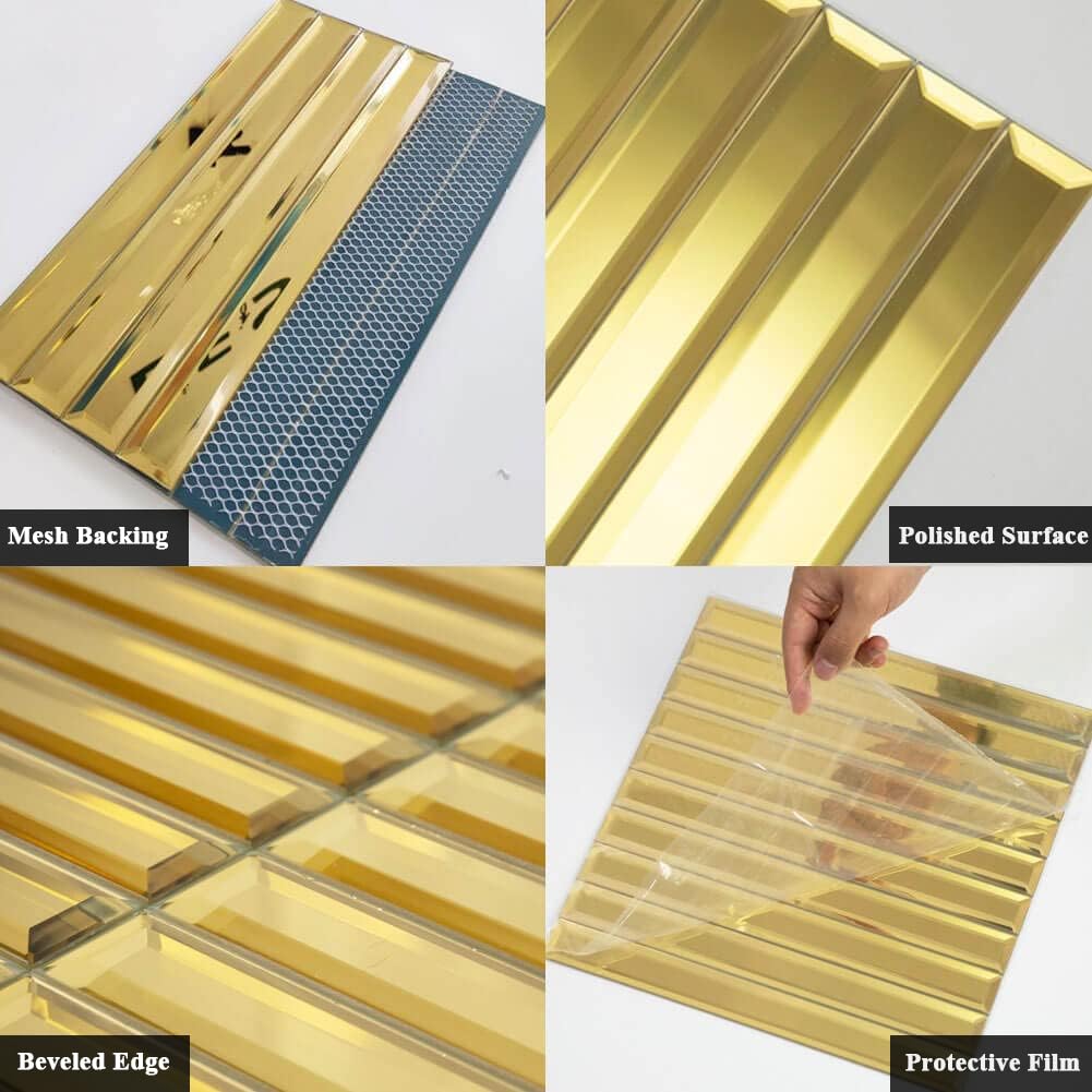 Beveled Mirror Backsplash Tiles, Gold Strip, 12x12 Inch, Mirror TIile Accent Wall, Pack of 5 Sq.ft