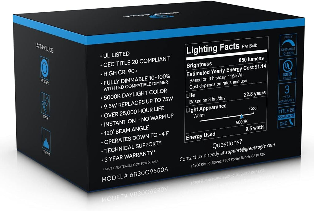 BR30 LED Light Bulb, 9.5W (75W Equivalent), Dimmable, 850 Lumens, 5000K Daylight, High CRI 90+, E26 Base, Indoor