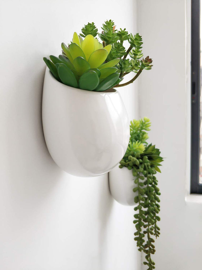 Wall Planter Ceramic Hanging Pot with Artificial Fake Plants, 3 Pack
