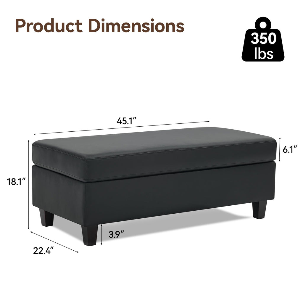45" Faux Leather Storage Ottoman Bench with Wooden Tray, Black Large Upholstered Foot Stool, Multifunctional Coffee