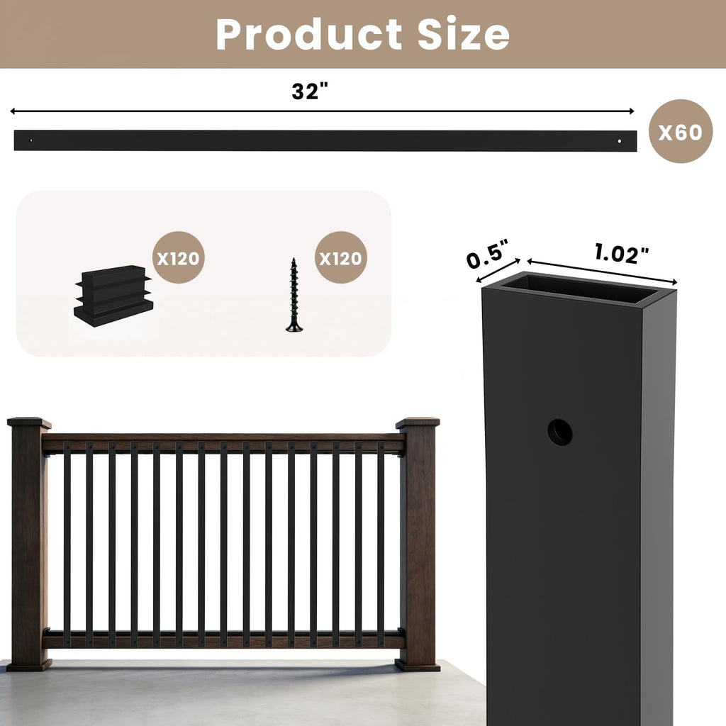 60Pack Deck Balusters 32" Black Metal Deck Railing, Rectangular Deck Spindles, Rust-Resistant for Straight & Curved
