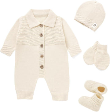 Cotton Baby Sweater Knit Romper Newborn Infant Outfit Hat Mittens Booties
