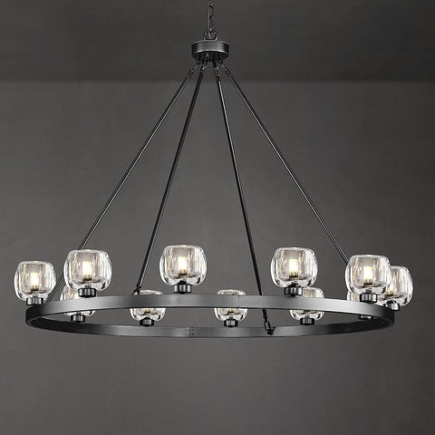 Black Wagon Wheel Chandelier, 48 Inch Black Chandeliers with Unique Glass Shade, 12-Light Crystal Large Wagon Wheel Chandeliers for Dining Room, High Ceiling Round Chandelier for Living Room, Foyer A126-B0DT4DHYL1