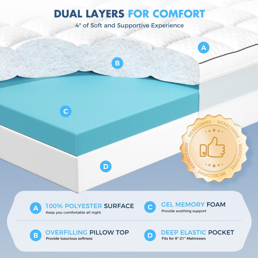 Dual Layer Memory Foam Mattress Topper, Full Mattress Pad, 4 Inch | 2" Cooling Gel Memory Foam + 2" Plush Pillow Top