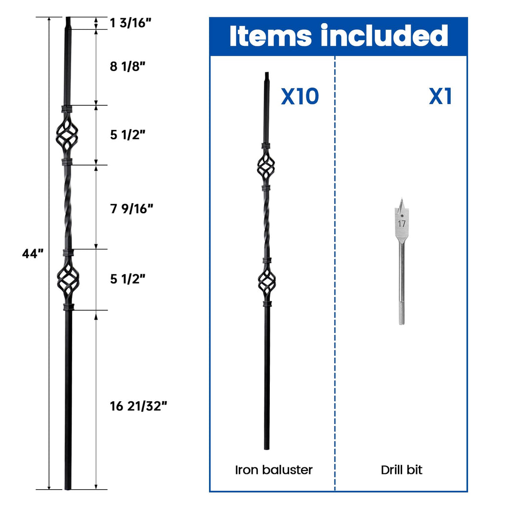 10 Pack 44" Double Basket Hollow Iron Baluster WT05