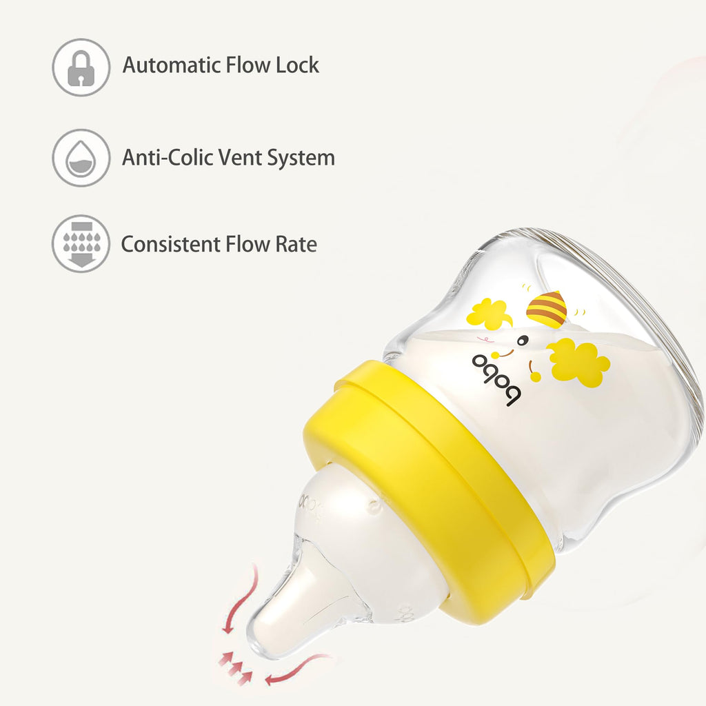 Glass Baby Bottles with Slow Flow Nipple, Newborn Anti-Colic Baby Bottles for 0+ Months, Wide Neck Feeding Bottle
