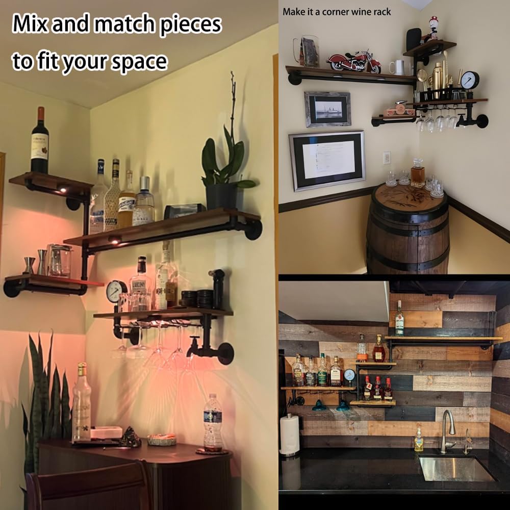 Bar Liquor Shelves, Industrial Pipe Shelving Wine Rack Wall Mounted with 4 Stem Glass Holder, Rustic Floating Pipe