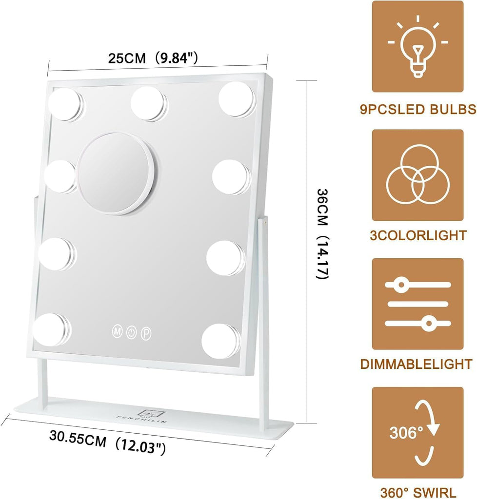 Vanity Mirror with Light Lighted Makeup Mirror Vanity Smart Touch Control 3Colors Dimmable Detachable 10X