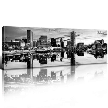 Baltimore Skyline Wall Black and White Maryland Cityscape Canvas Prints Downtown Architecture Panoramic Artwork