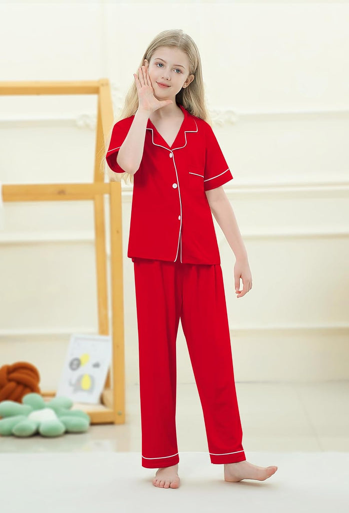 Girls Pajamas Set Button Down Notch Collar Soft Short Sleeve Pjs Set with Long Pant Set Lounge Set