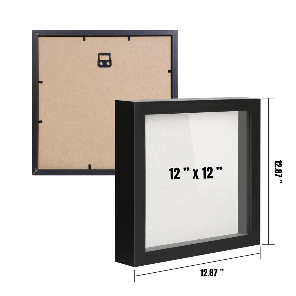 12x12 Shadow Box Frame with Linen Backboard & Real Glass, Wood Display Case, Deep Showcase to Hang The Photos