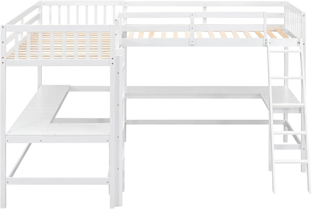 Corner Double Loft Bed with L-Shaped Desks, Twin Loft Bed with Desks & Slant Ladder for Kids Teens Adults