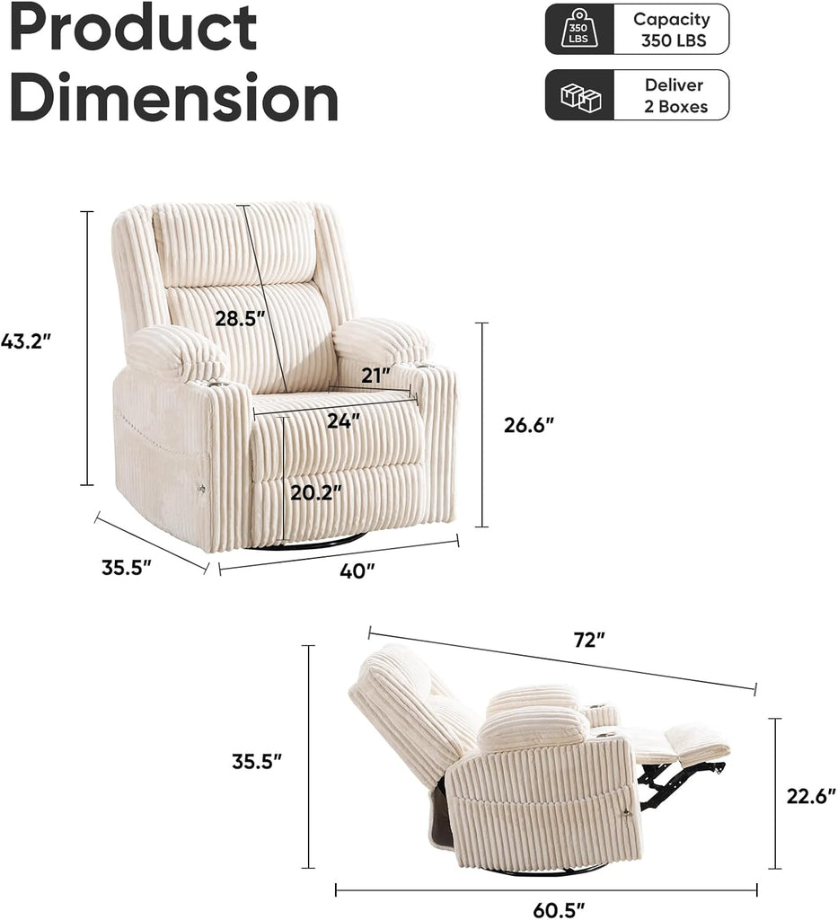 Oversized Power Recliner Chair with Massage and Heat, Swivel Rocker Recliner Chair for Adults with Arm Storage