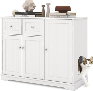 Litter Box Enclosure, 40 Inch Enclosed Cat Box Cabinet with 2 Storage Drawers, 3 Doors & 2 Entrances, Hidden Cat