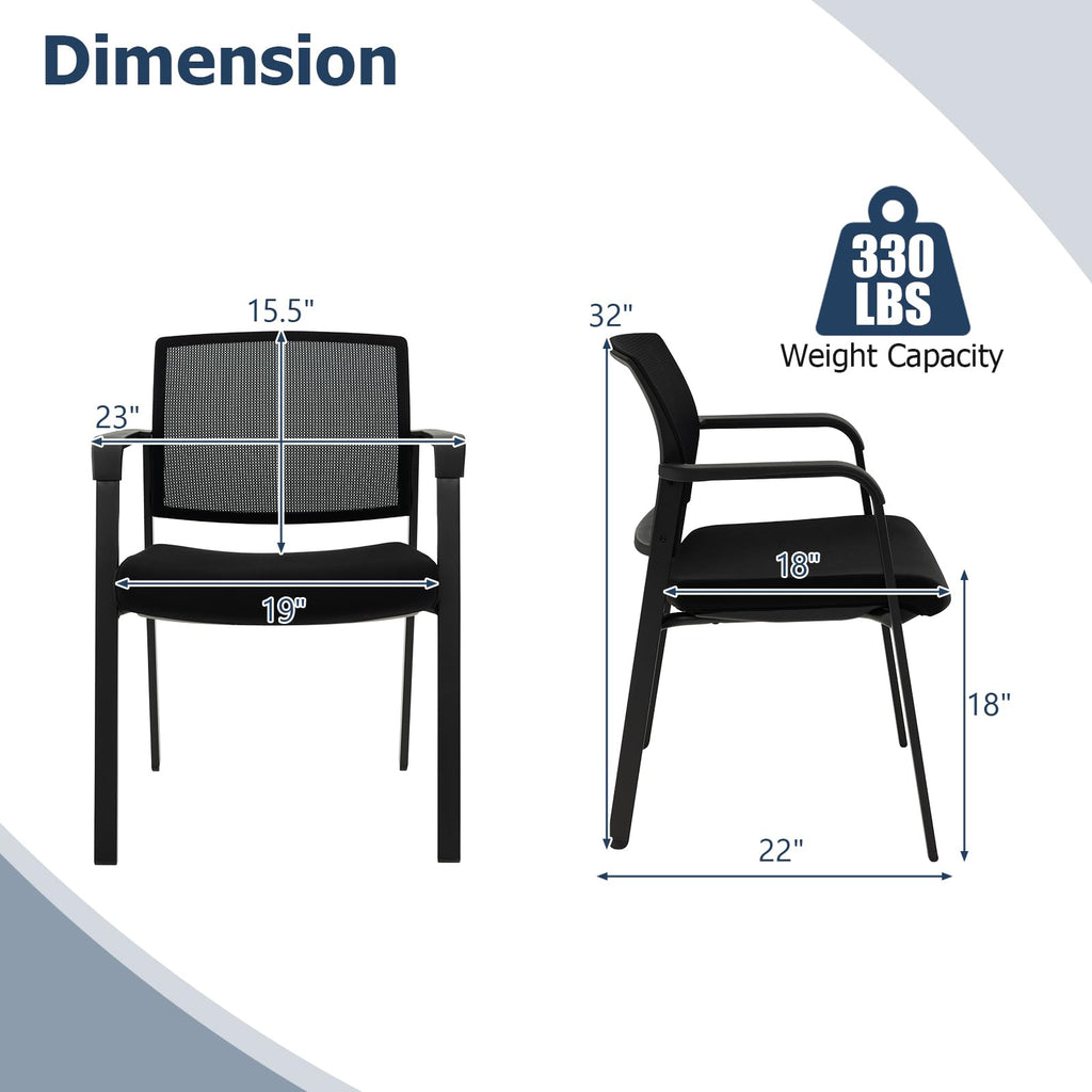 2-Pack Reception Room Chair Set with Mesh Back, Metal Frame & Padded Seat, Armrests, No Wheels, Stacking Guest Chairs