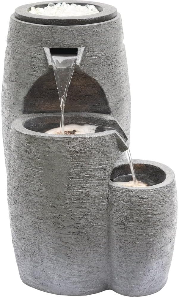 Outdoor Cascading Look 3 Tiered Fire and Water Fountain with Adjustable Flame and LED Lights, 27" Tall, Gray