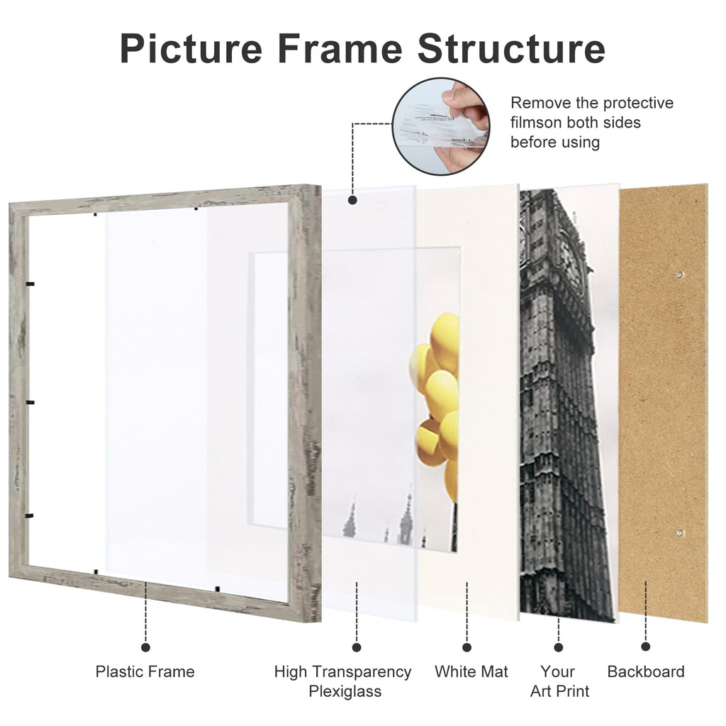 8x8 Picture Frame Set of 9, Display Pictures 4x4 with Mat or 8x8 without Mat, Multi Collage Gallery Square Photo