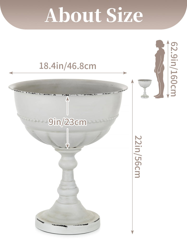 Tall Metal Urn Planters, White Large Flower Pots for Outdoor Plants