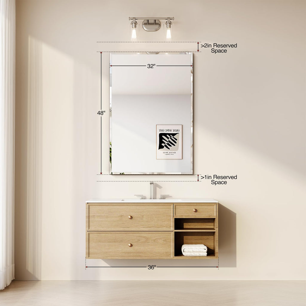 Frameless Bathroom Mirror 32"x48", Beveled Bathroom Mirror