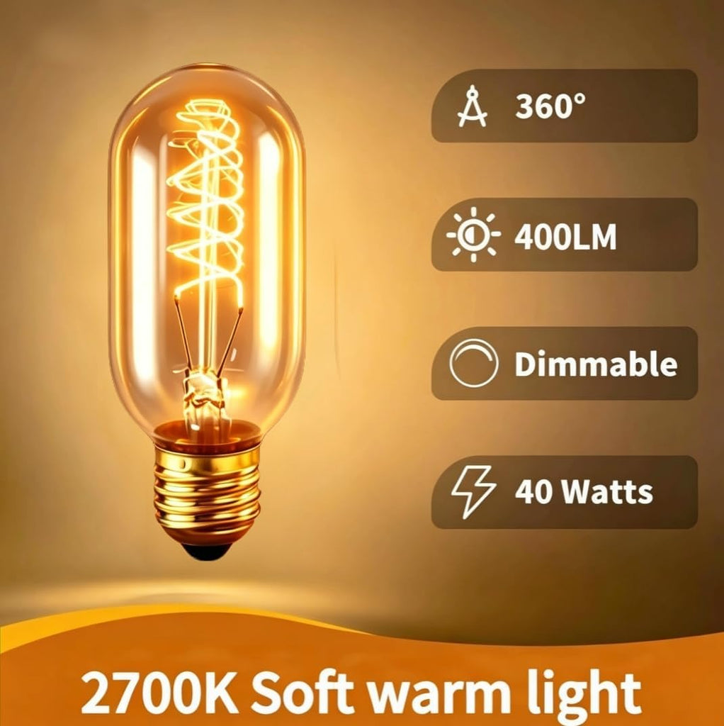 Edison Bulbs,Vingtage Filament Light Bulb,T45 2700K Warm Light 40 Watt,110V-130V E26/E27 Base Dimmable Decorative