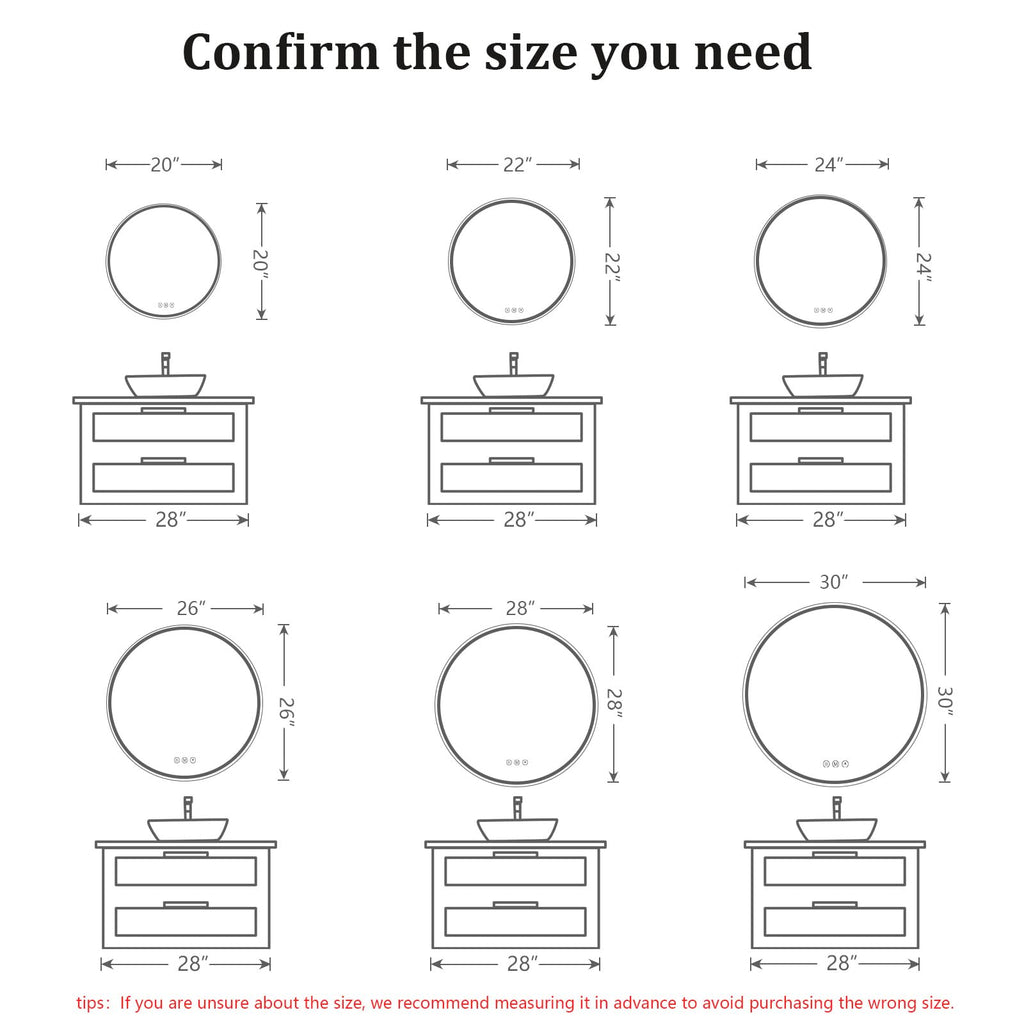 Round LED Bathroom Mirror, 24 Inch, HD Shatterproof Tempered Glass
