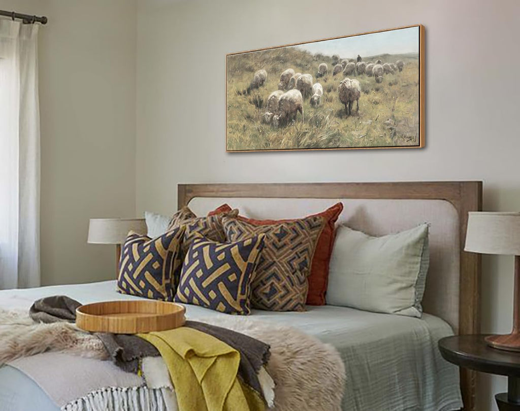 Large Framed Vintage Wall Art, Sheep on the Dunes Prints, 20x40in