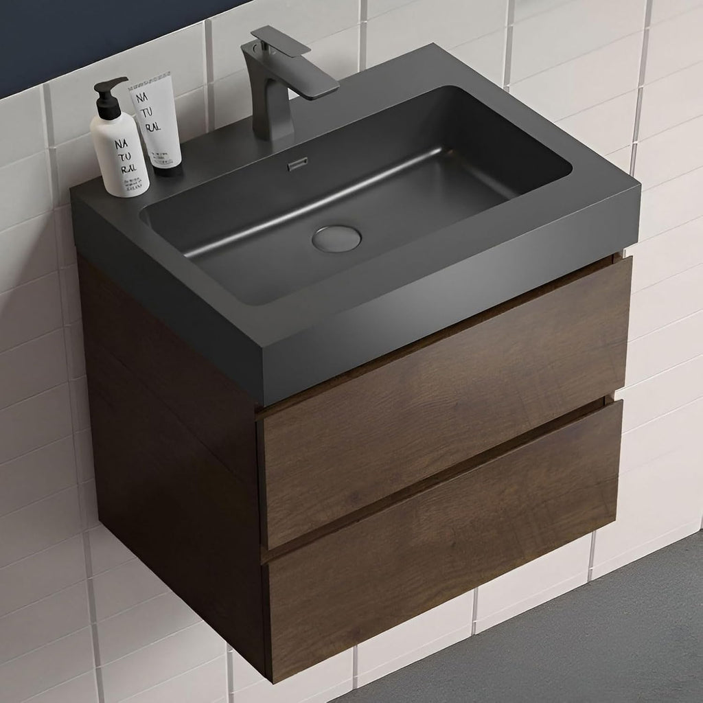 24" Floating Bathroom Vanity with Black Sink, Modern Bathroom Cabinet with Top and Soft Close Drawers