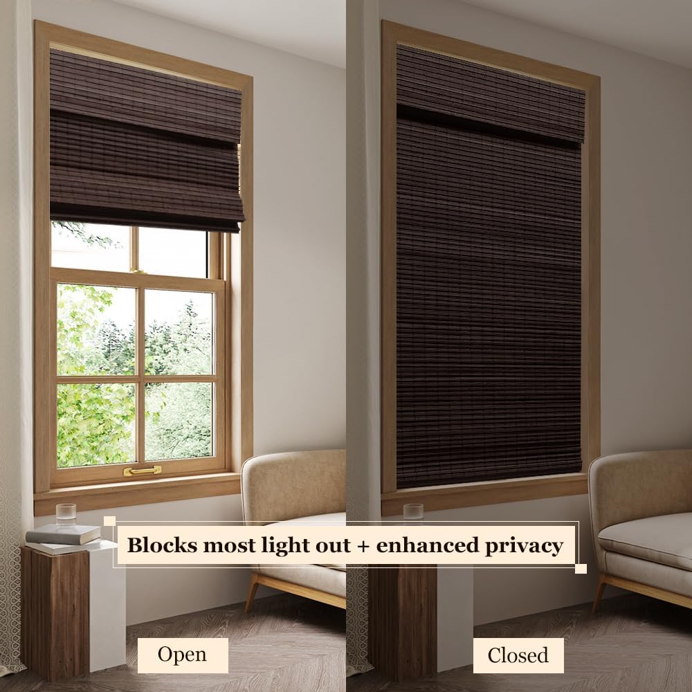 Cordless Bamboo Roman Blinds Shades for Indoor Windows-Blackout Room Darkening Roman Blinds with 6" Valance Cover