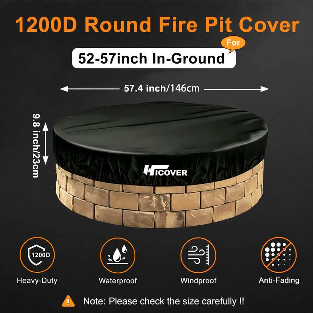 Heavy Duty 1200D Round Fire Pit Cover for In-Ground Fire Pits, 52-57 Inch