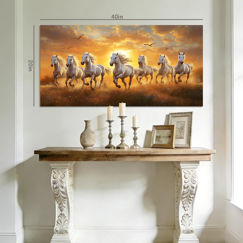 Sunrise Running Horses Canvas Wall Art Majestic White Stallions Galloping in Meadow Sunset Landscape Painting Print